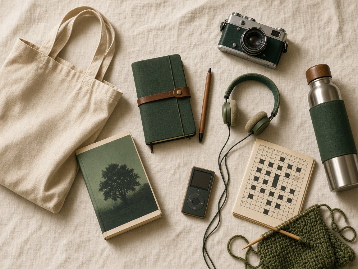 Flat lay of analog bag contents: canvas tote, paperback, notebook and pen, film camera, wired headphones and music player, crossword, knitting, water bottle