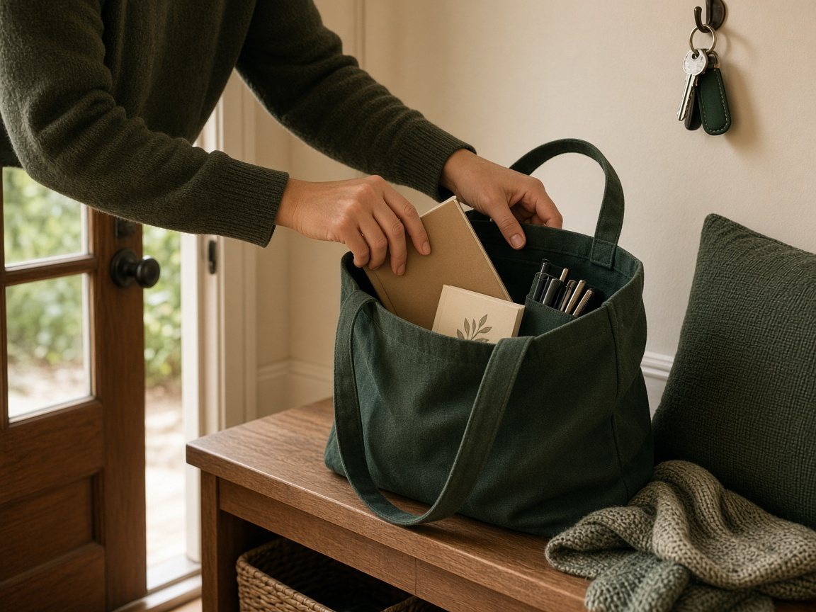 Hands packing a notebook and book into a green canvas tote on an entryway bench