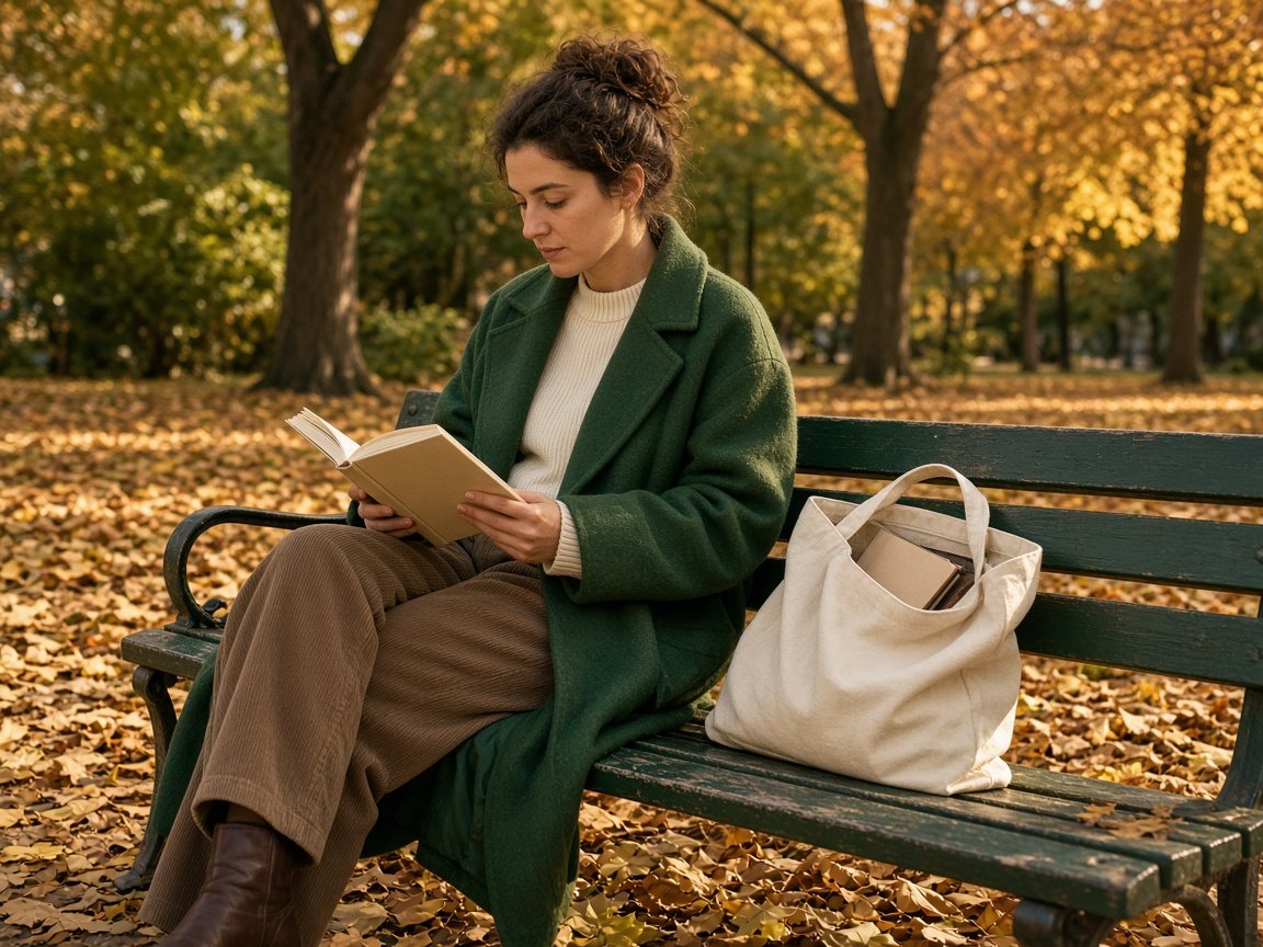 Woman reading a paperback on an autumn park bench with a canvas tote beside her
