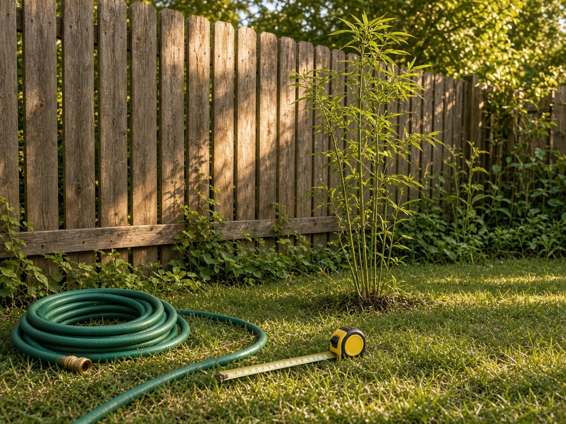 Young bamboo planted a few feet out from a wooden fence with a hose and tape measure on the lawn