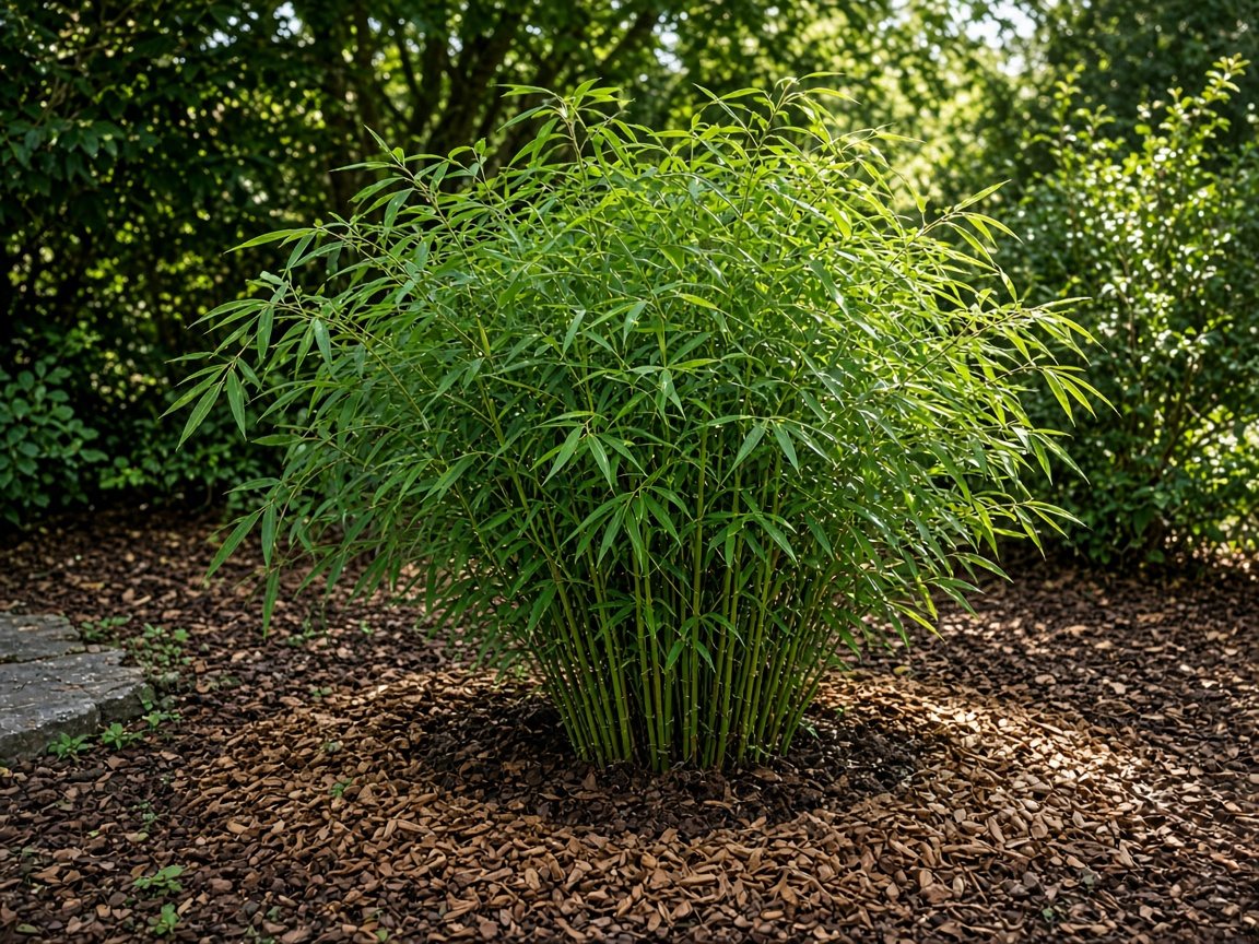 Tidy clump of clumping bamboo with a ring of bark mulch around the base