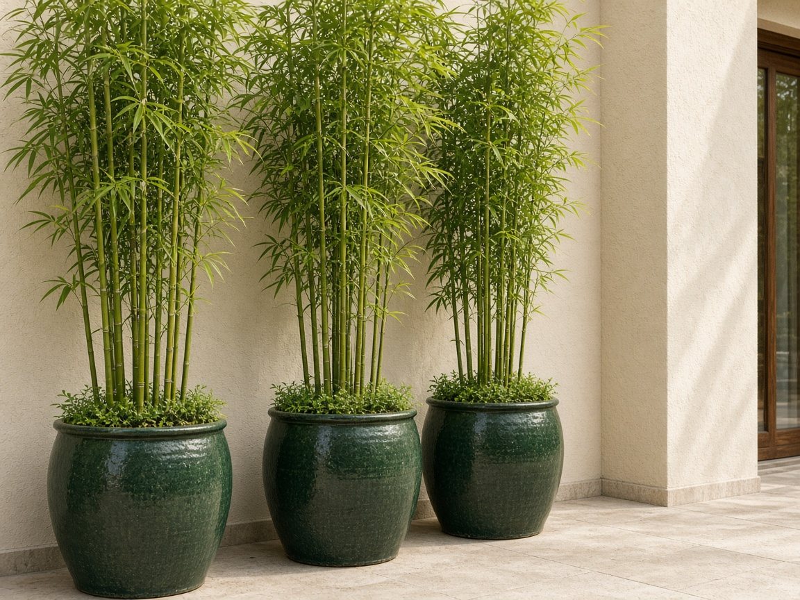 Running bamboo growing in three large green glazed planters against a cream wall