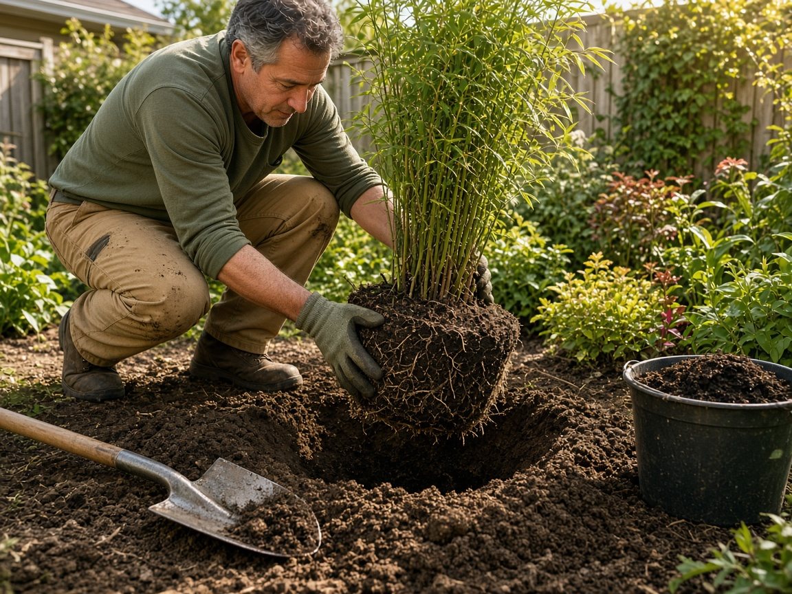 Gardener lowering a bamboo root ball into a wide planting hole with compost nearby
