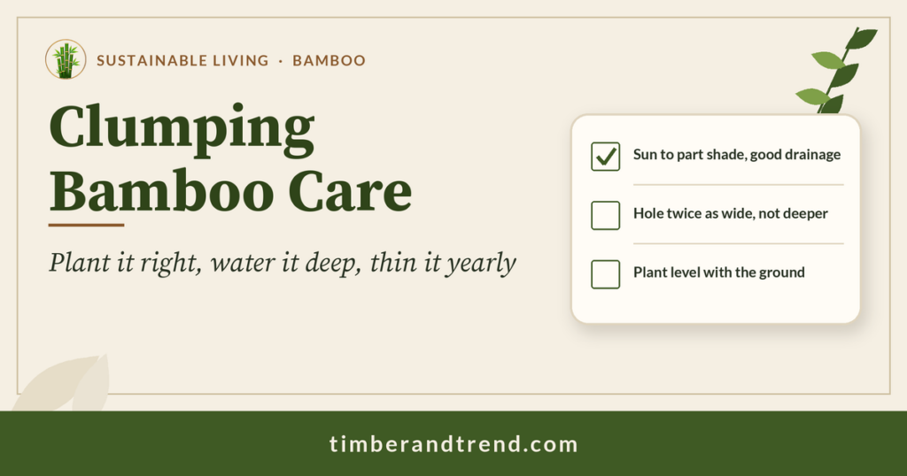 Clumping Bamboo Care: Timber & Trend header with a three-item bamboo checklist