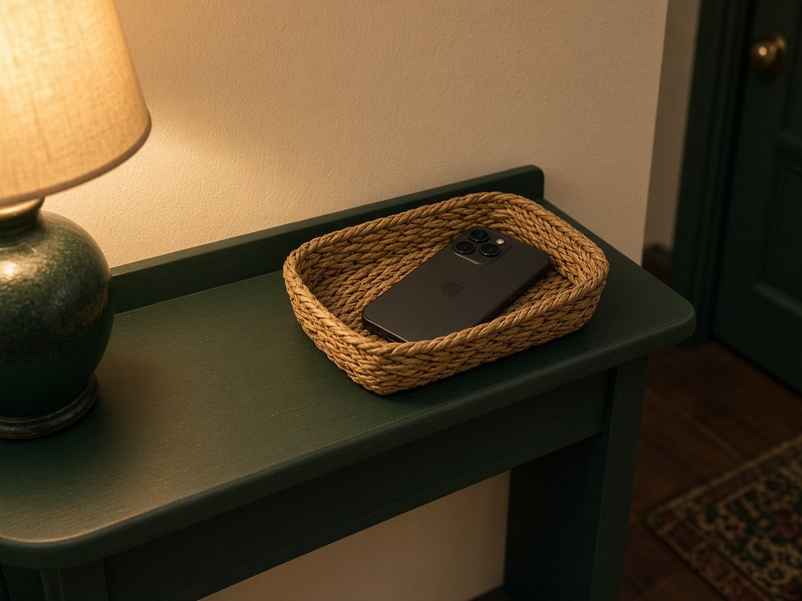 Phone parked face down in a woven basket on an entryway table in the evening