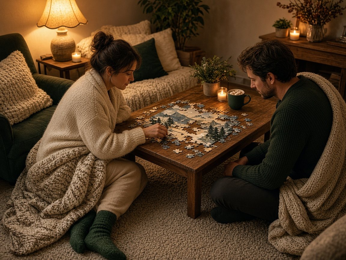 Two people working a jigsaw puzzle by candlelight in a cozy living room