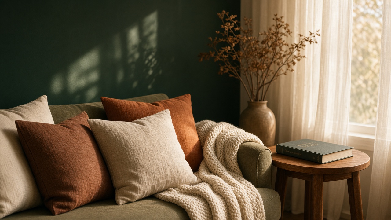 Cozy sofa with rust and cream pillows and a knit throw