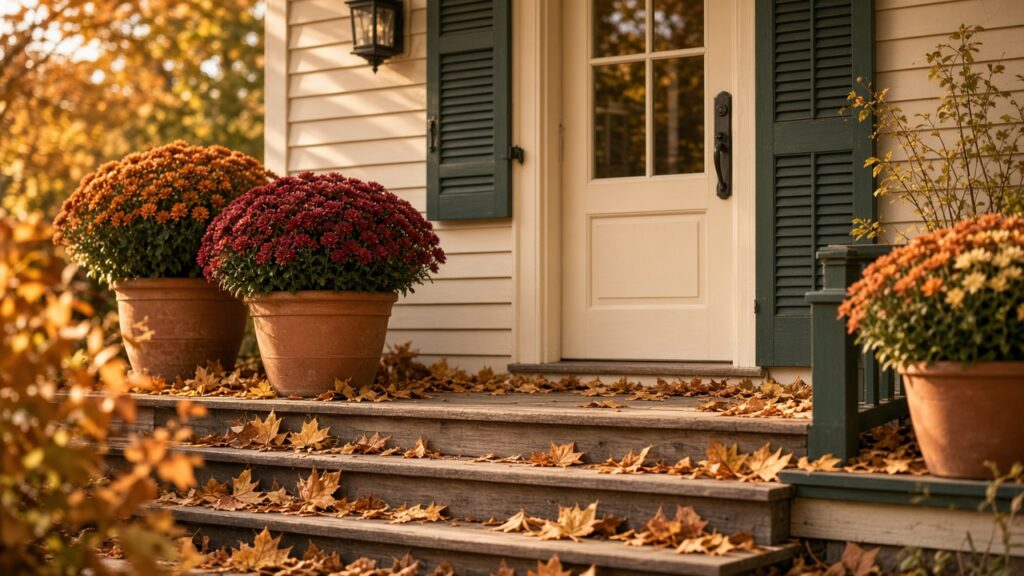 Autumn front porch with mums and maple leaves at golden hour