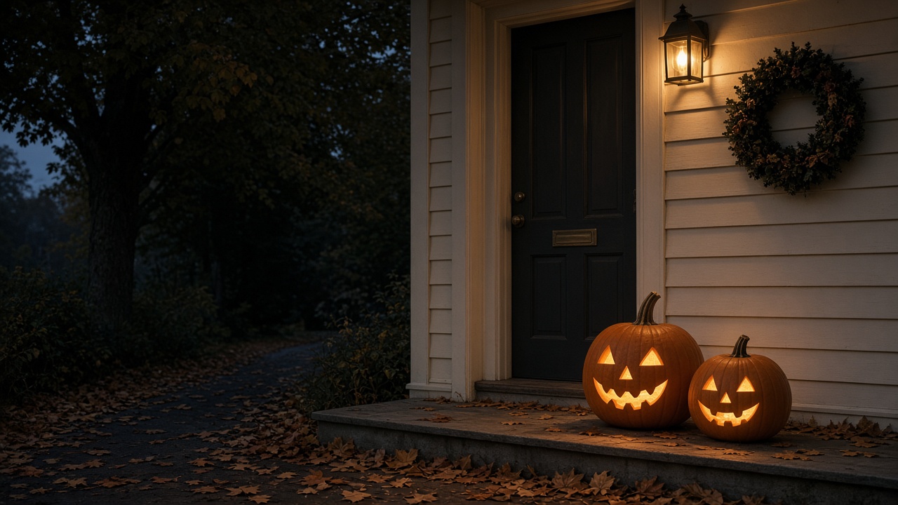 Simple Halloween porch with two glowing jack-o-lanterns