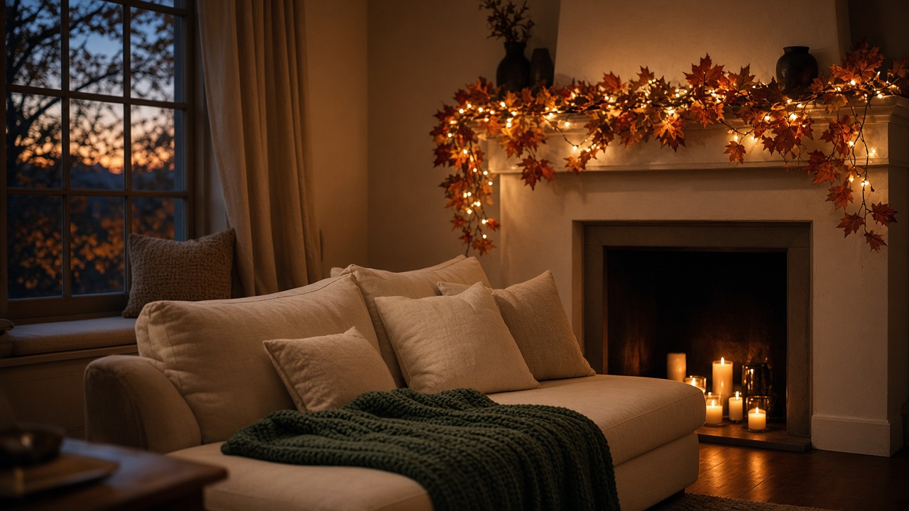 Living room mantel with autumn leaf lights and candles at dusk