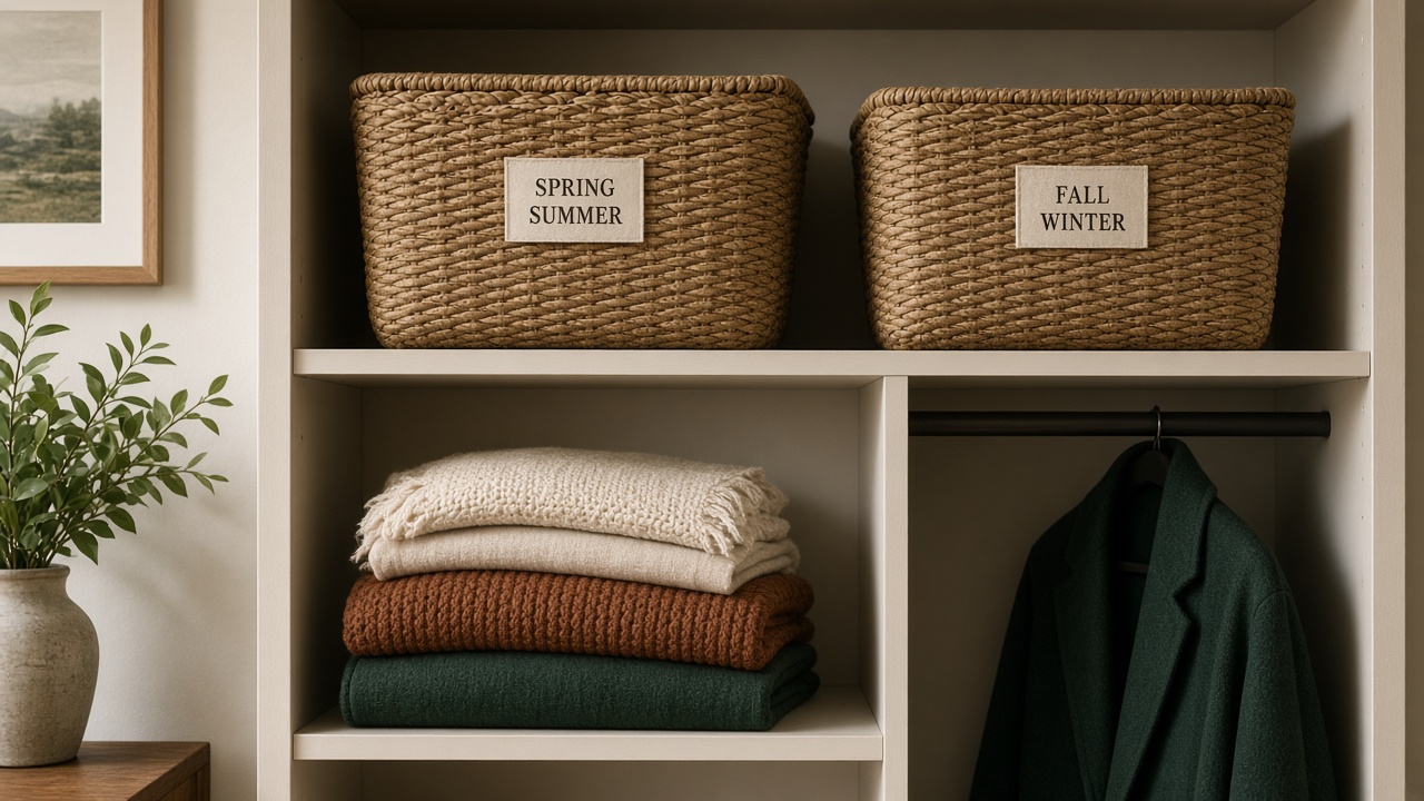Closet shelf with labeled seasonal storage baskets