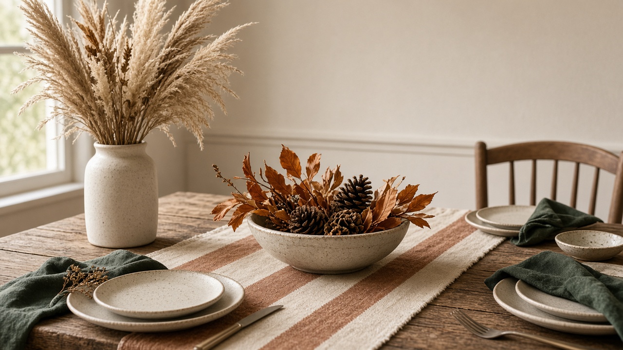 Fall dining table with linen runner, dried leaves, and pampas