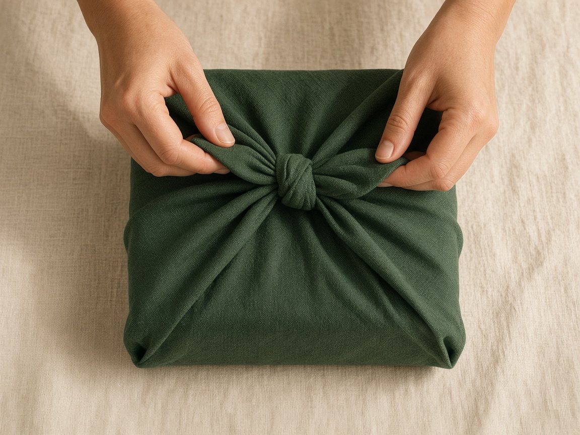 Hands tying a green fabric furoshiki wrap into a square knot on top of a boxed gift