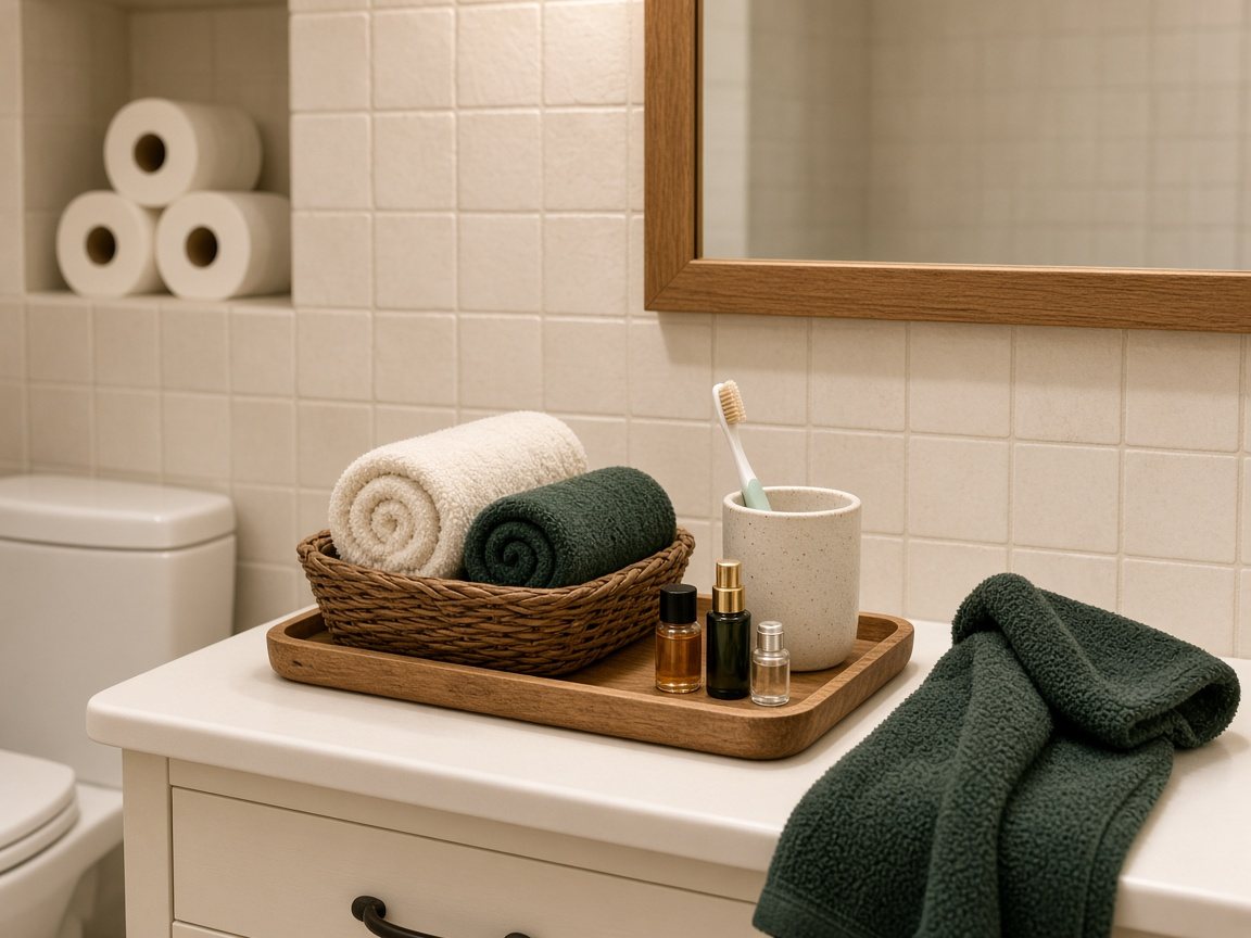 Guest bathroom counter with rolled towels, toothbrush cup, small toiletries and extra toilet paper