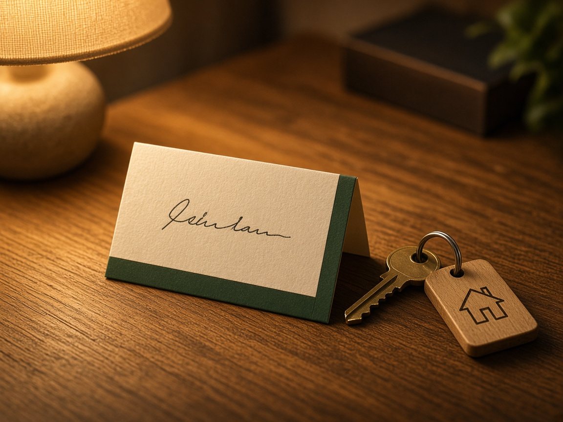 Folded guest card next to a spare house key on a bedside table