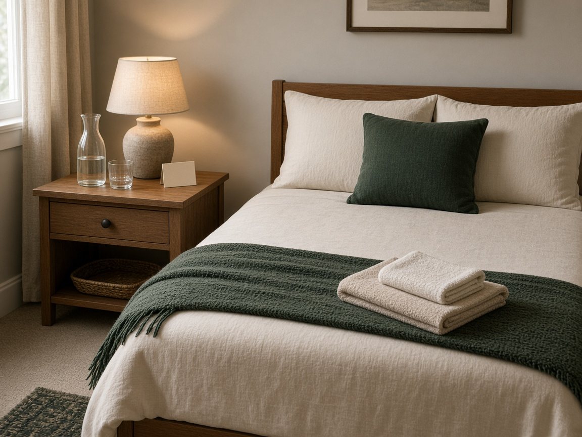 Guest bed made with cream linens and green throw, folded towels, bedside lamp and water carafe
