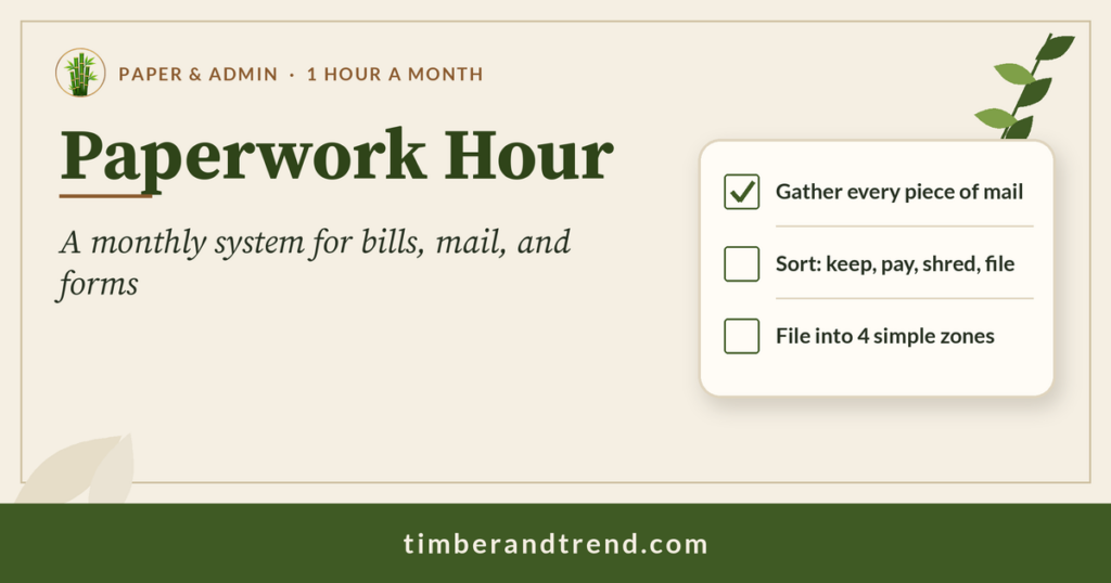 Paperwork Hour: A Monthly System for Bills, Mail, and Forms: Timber & Trend header with checklist illustration