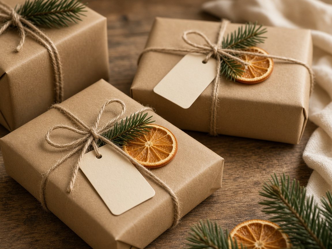 Gifts wrapped in kraft paper tied with twine, pine sprigs, dried orange slices and blank tags