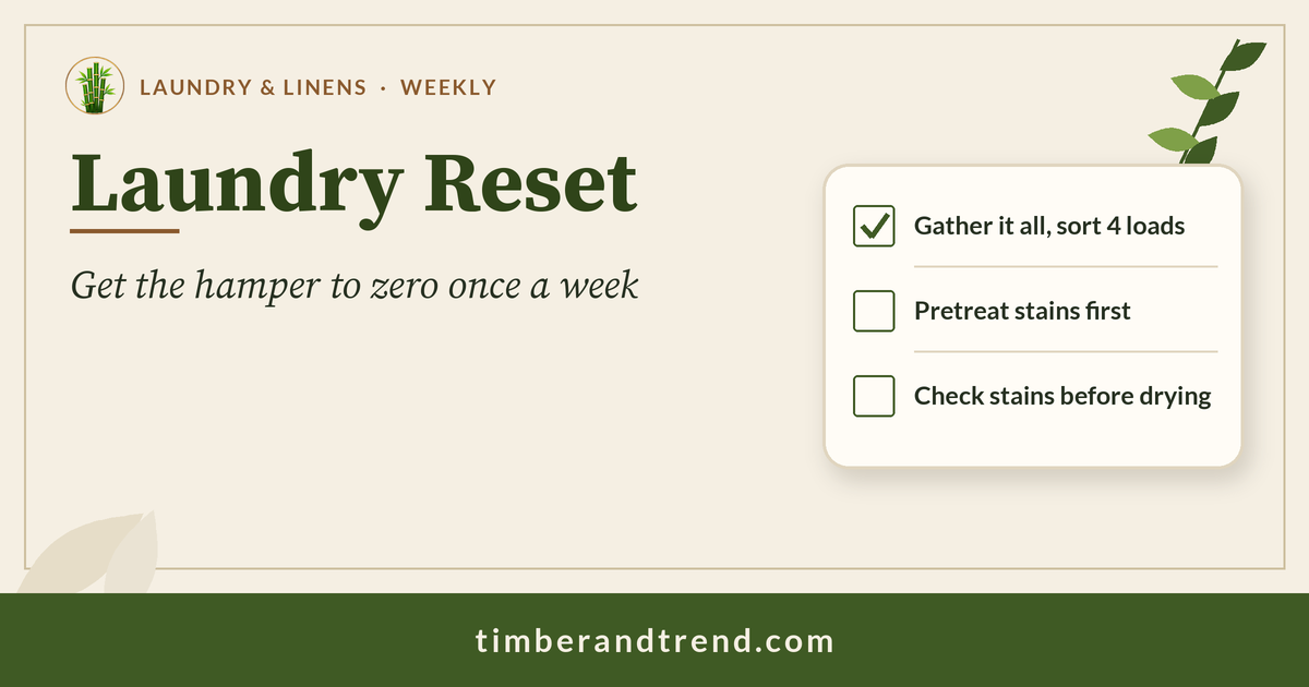 Laundry Reset: Get the Hamper to Zero Once a Week: Timber & Trend header with checklist illustration