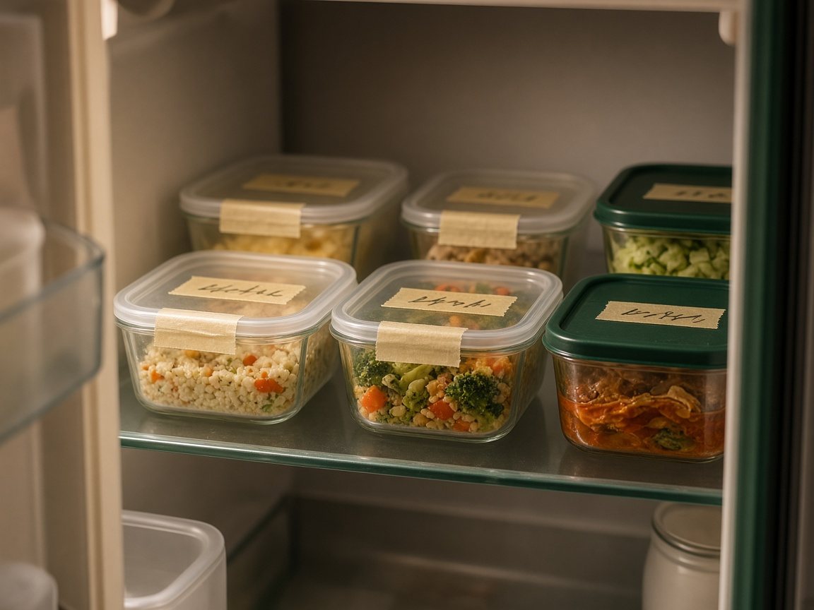 Glass leftover containers with masking-tape date labels at eye level in a fridge