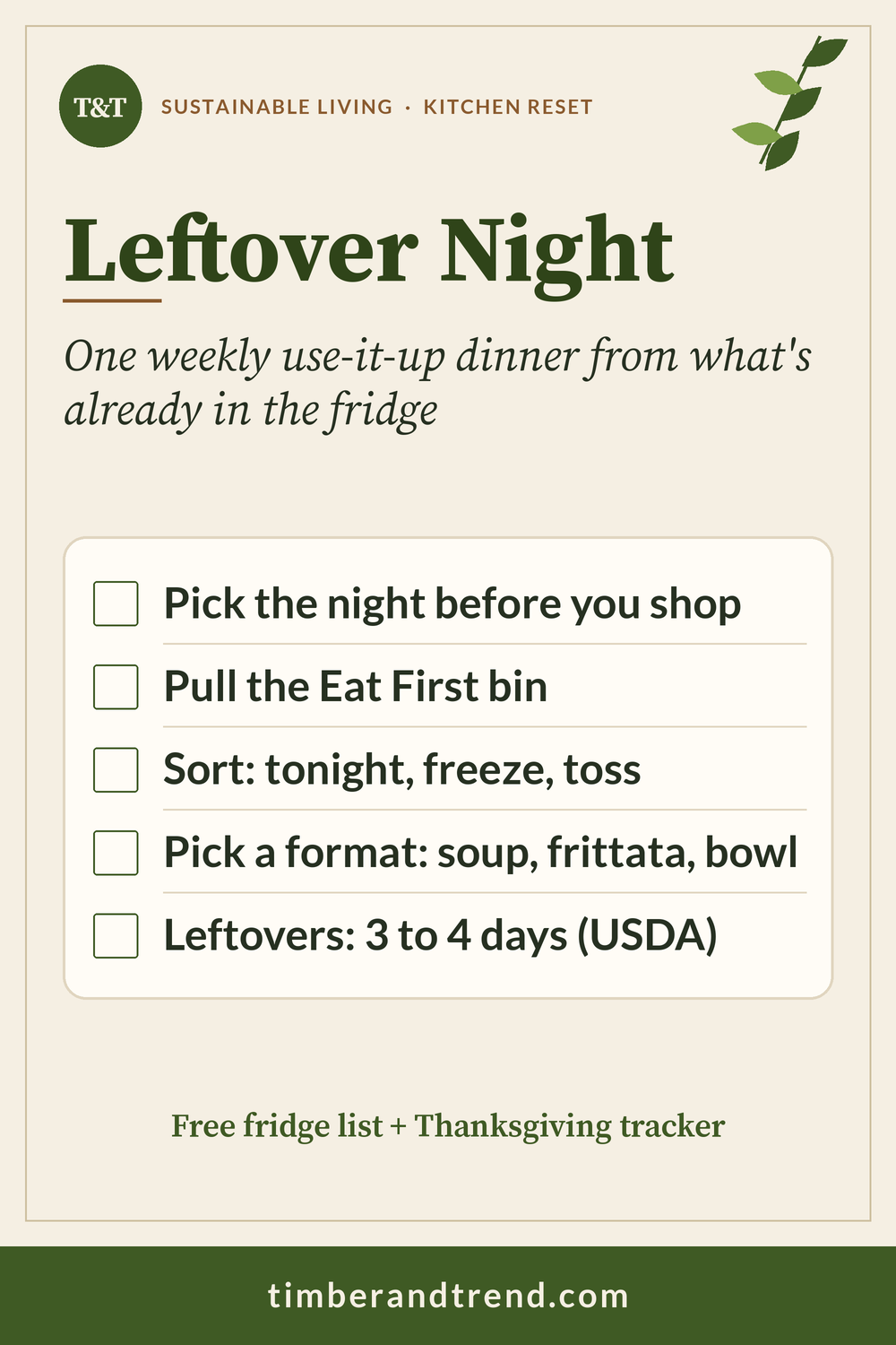 Pinterest pin: Leftover Night, one weekly use-it-up dinner from what is already in the fridge. Checklist: pick the night before you shop; pull the Eat First bin; sort into tonight, freeze, toss; pick a format such as soup, frittata or a bowl; leftovers keep 3 to 4 days per USDA. Free fridge list and Thanksgiving tracker.