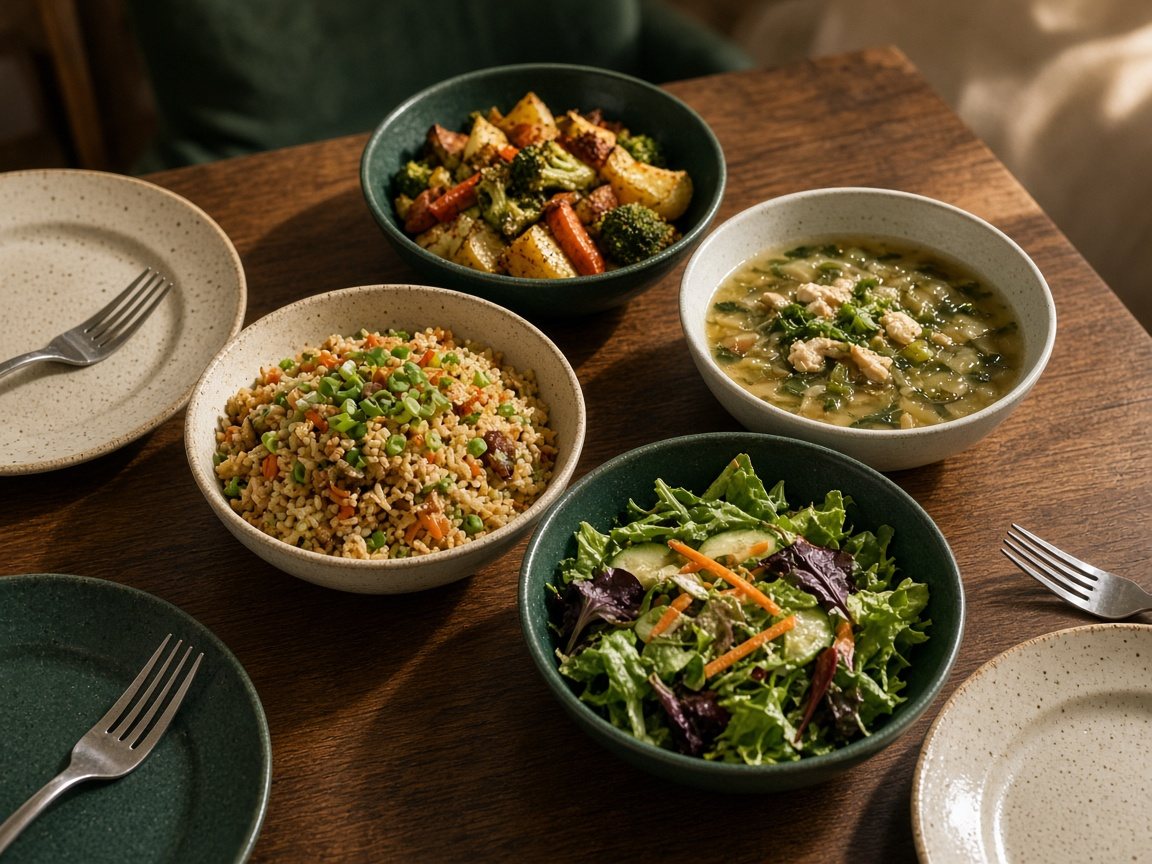 Reheated leftovers served family style in bowls on a wooden table