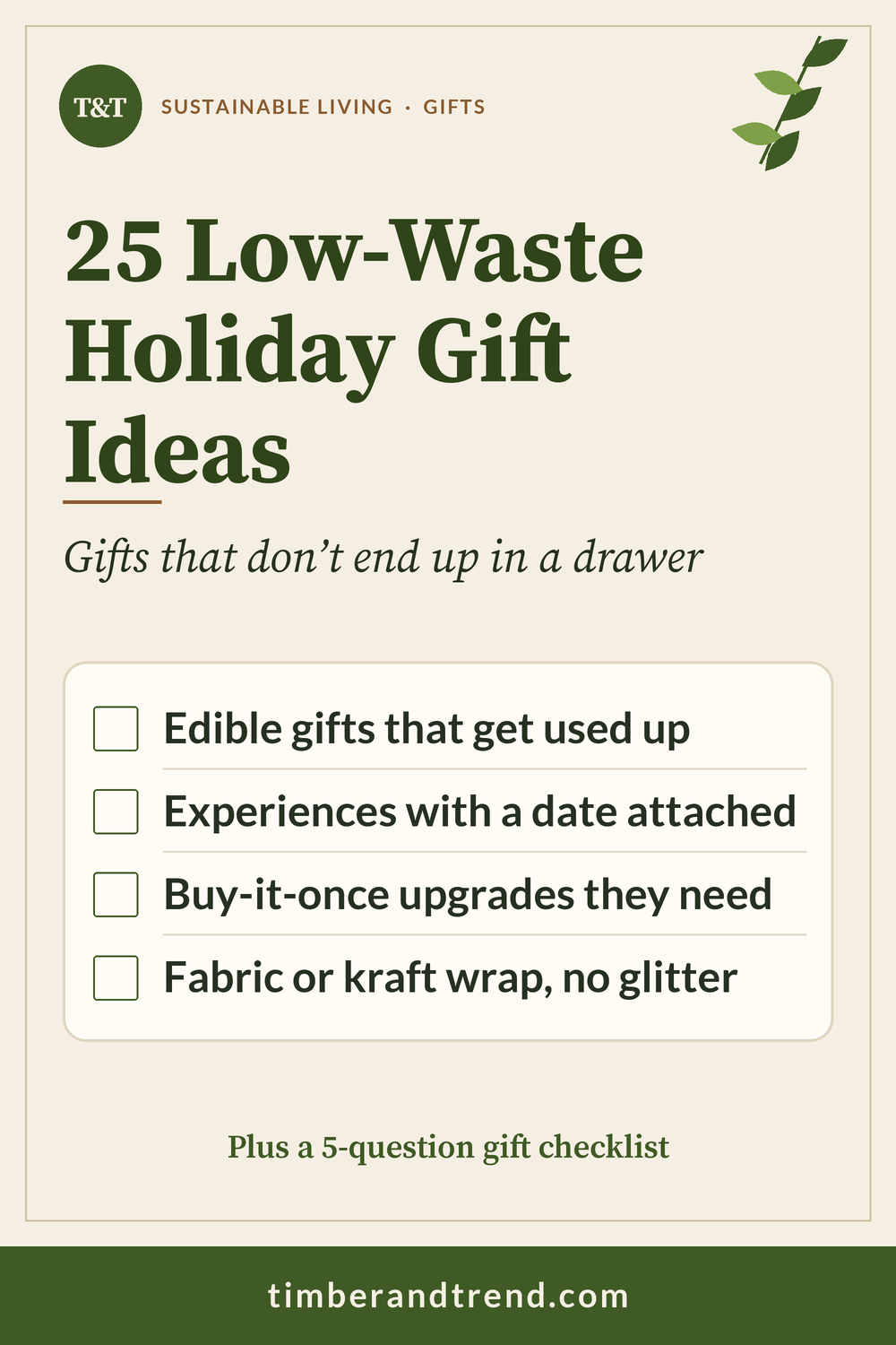 Pinterest pin: 25 Low-Waste Holiday Gift Ideas. Gifts that don’t end up in a drawer. Checklist: Edible gifts that get used up; Experiences with a date attached; Buy-it-once upgrades they need; Fabric or kraft wrap, no glitter.
