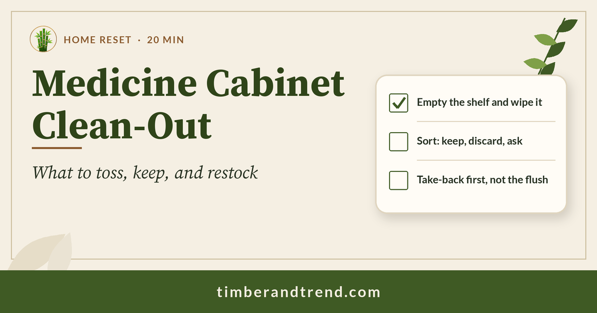 Medicine Cabinet Clean-Out: What to Toss, Keep, and Restock: Timber & Trend header with checklist illustration