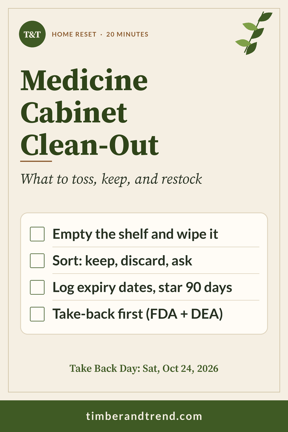 Pinterest pin: Medicine Cabinet Clean-Out. What to toss, keep, and restock. Checklist: Empty the shelf and wipe it; Sort: keep, discard, ask; Log expiry dates, star 90 days; Take-back first (FDA + DEA).