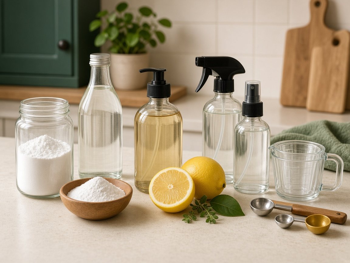 Baking soda, vinegar, castile soap, lemons, glass spray bottles and measuring spoons on a kitchen counter