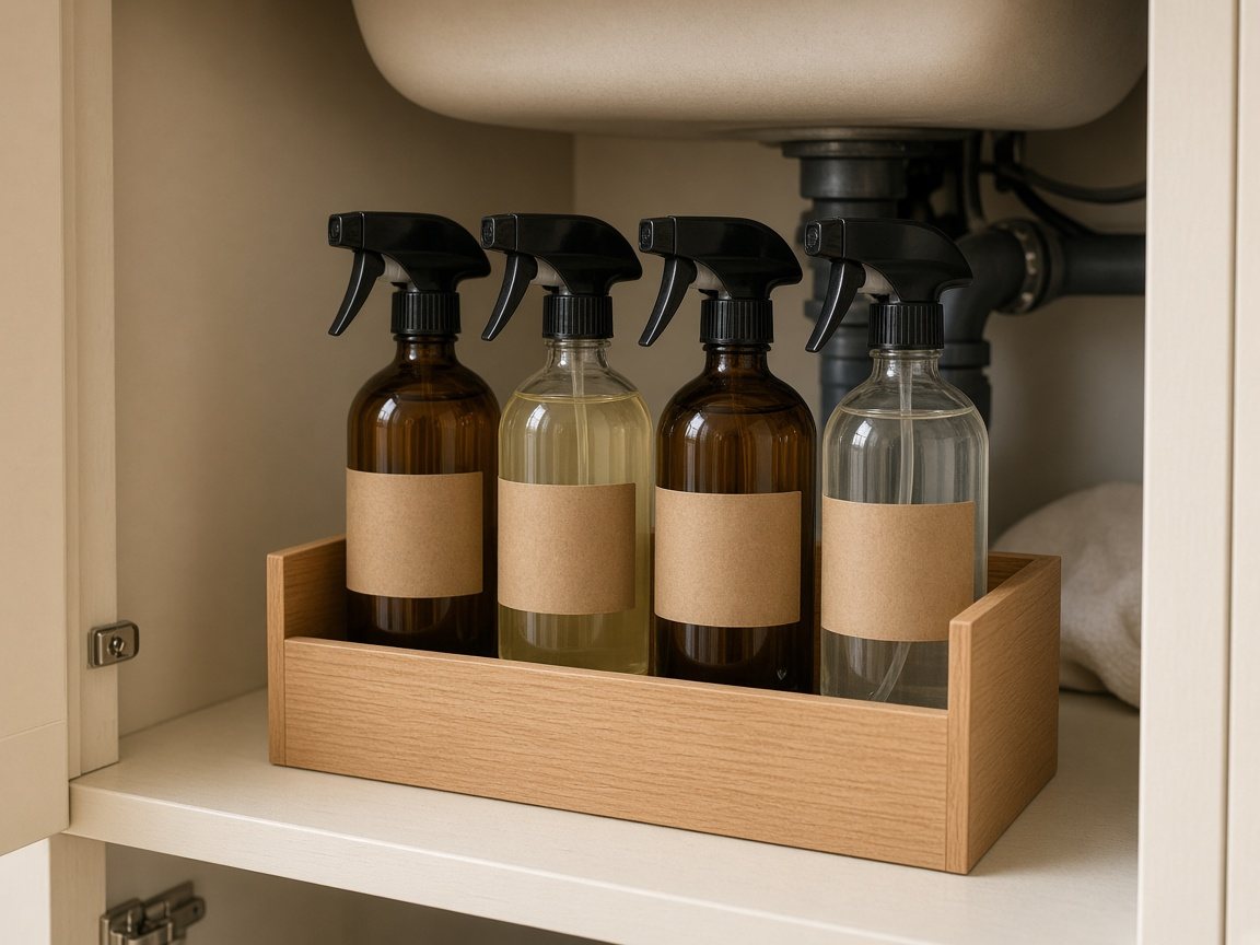 Labeled glass spray bottles stored upright in a wooden caddy under a sink