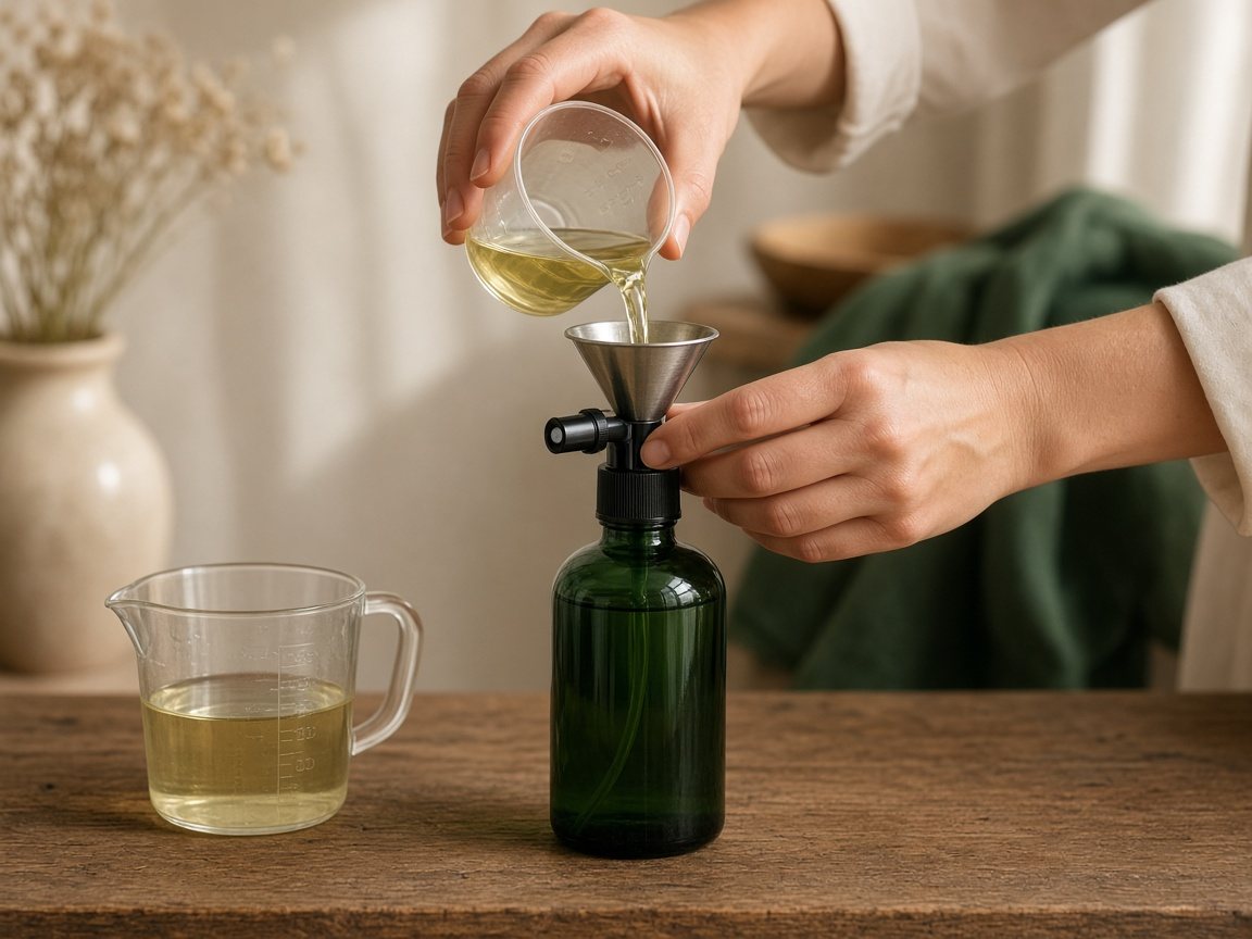 Hands pouring a measured liquid through a funnel into a glass spray bottle