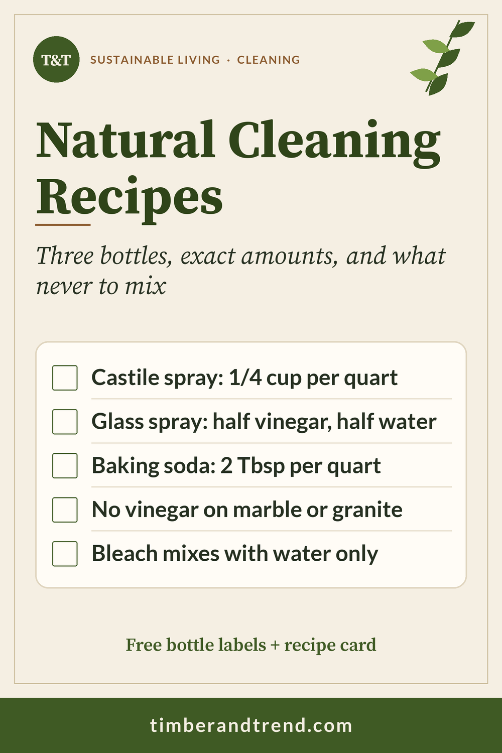 Pinterest pin: Natural Cleaning Recipes, three bottles, exact amounts, and what never to mix. Checklist: castile spray, 1/4 cup per quart; glass spray, half vinegar and half water; baking soda, 2 tablespoons per quart; no vinegar on marble or granite; bleach mixes with water only. Free bottle labels and recipe card.
