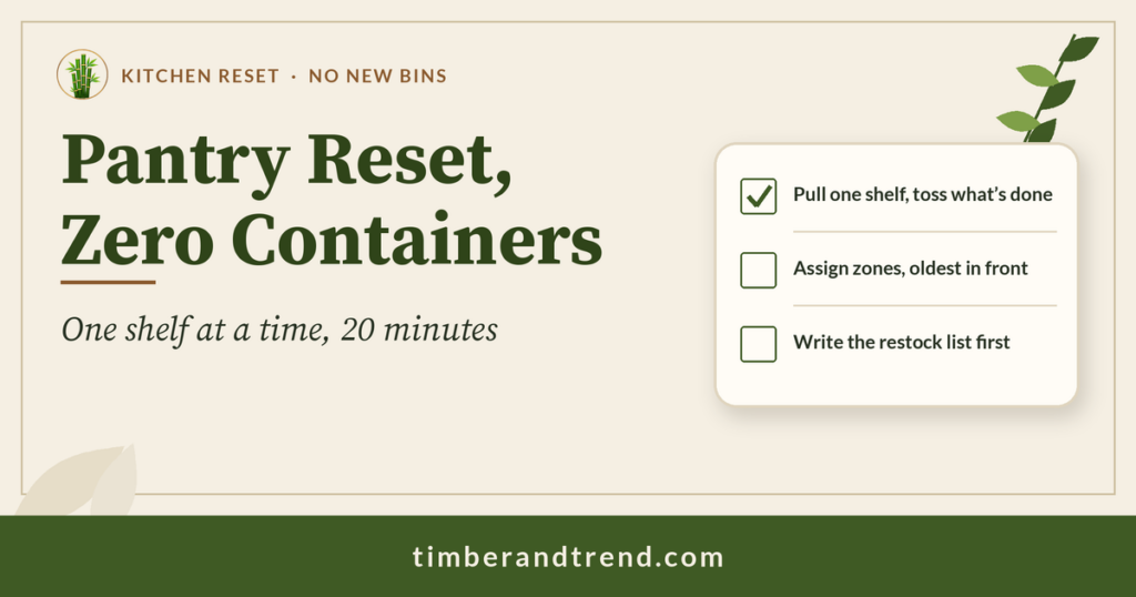 Pantry Reset Without Buying a Single Container: Timber & Trend header with checklist illustration