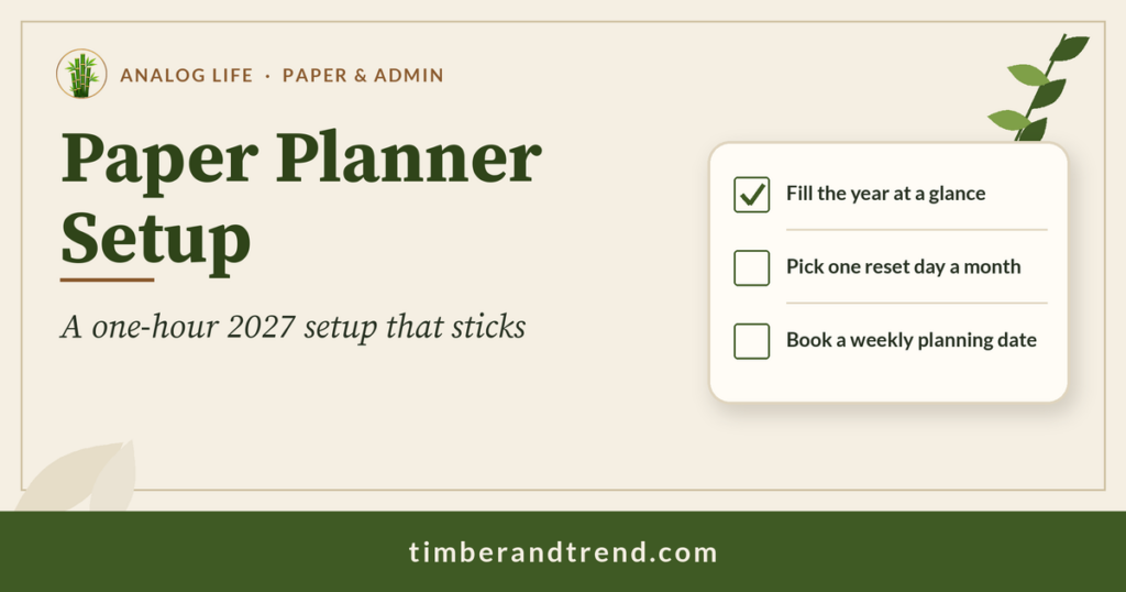 How to Set Up a Paper Planner for the New Year: A One-Hour 2027 Setup: Timber & Trend header with checklist illustration