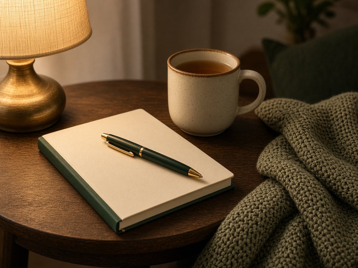 Closed planner with a pen next to a mug of tea and a lamp on a side table