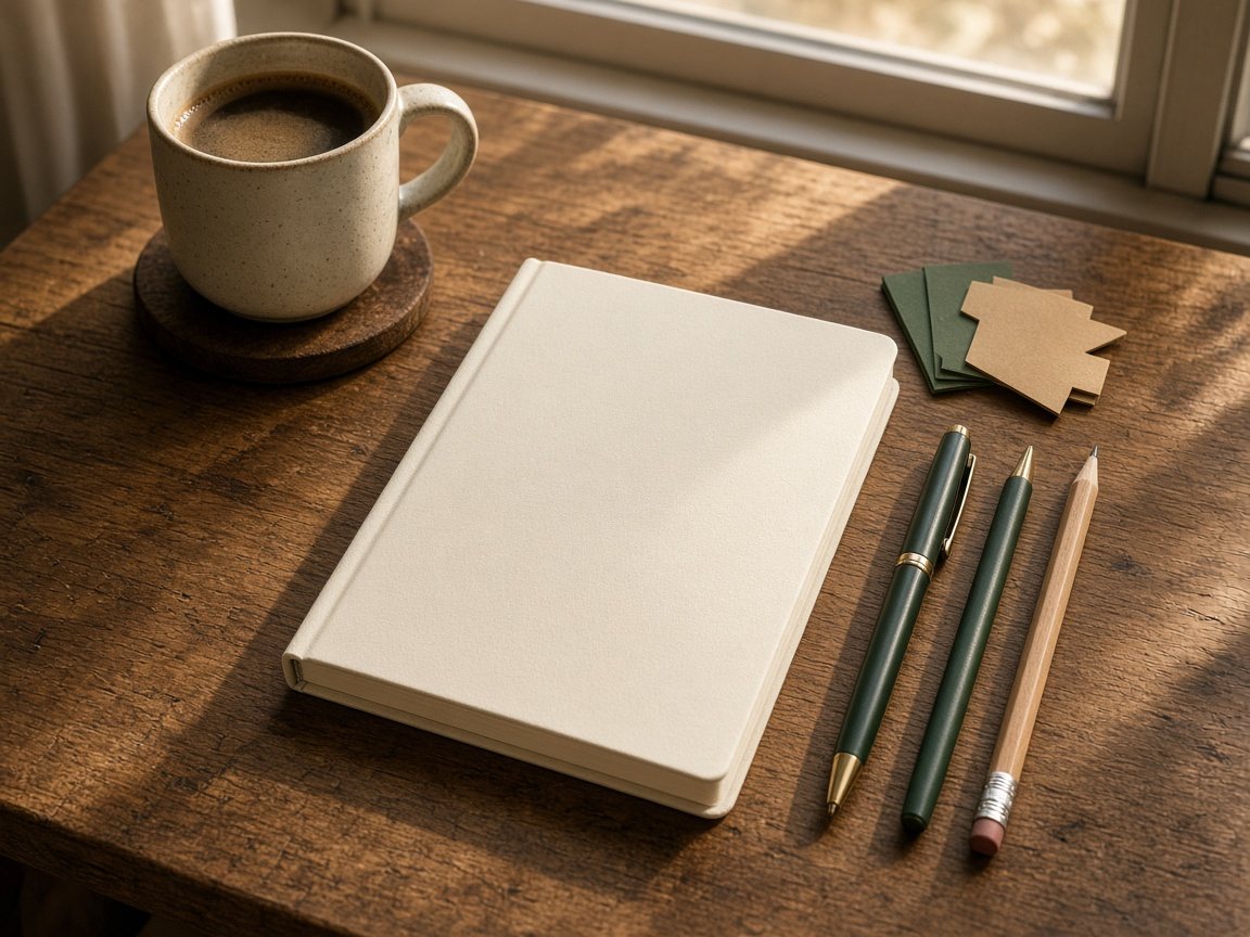 Cream paper planner with pens, pencil and sticky tabs on a sunny wooden desk