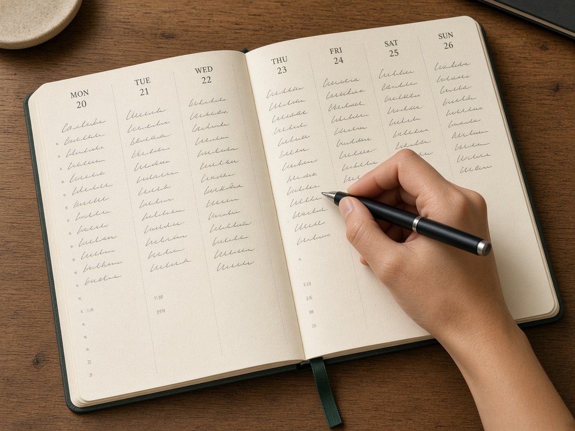 Hand writing in an open weekly planner spread on a wooden desk