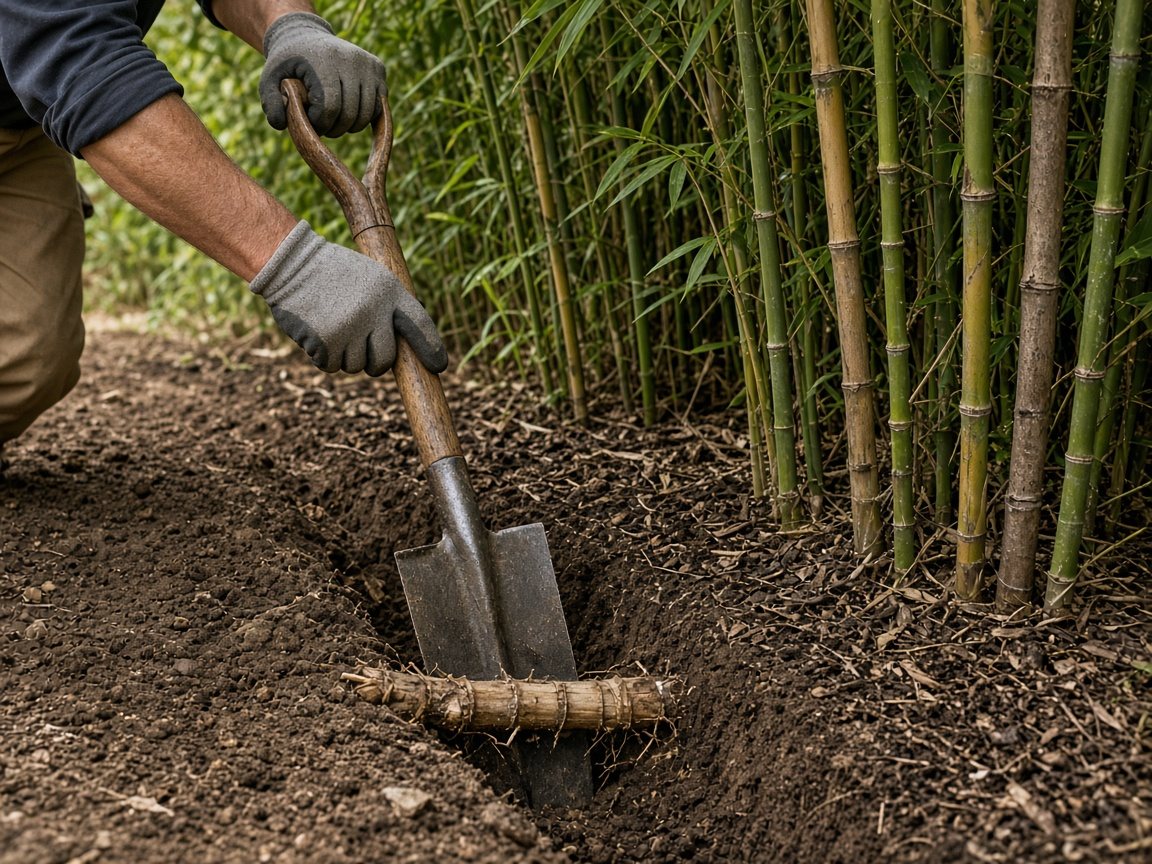 Spade slicing down along the edge of a bamboo patch, exposing a cut rhizome