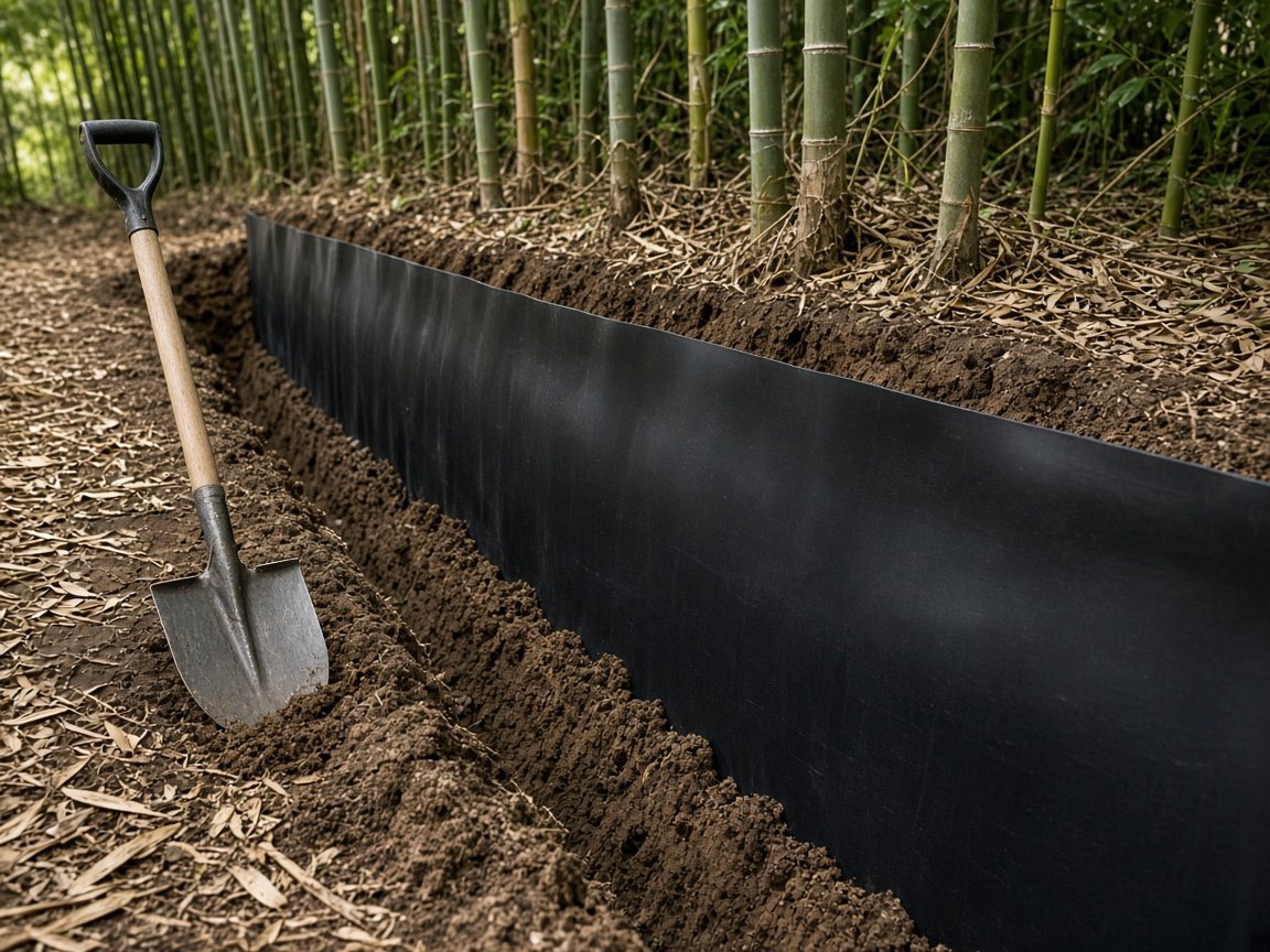 Trench beside a bamboo grove with a black HDPE root barrier set vertically, top edge above the soil