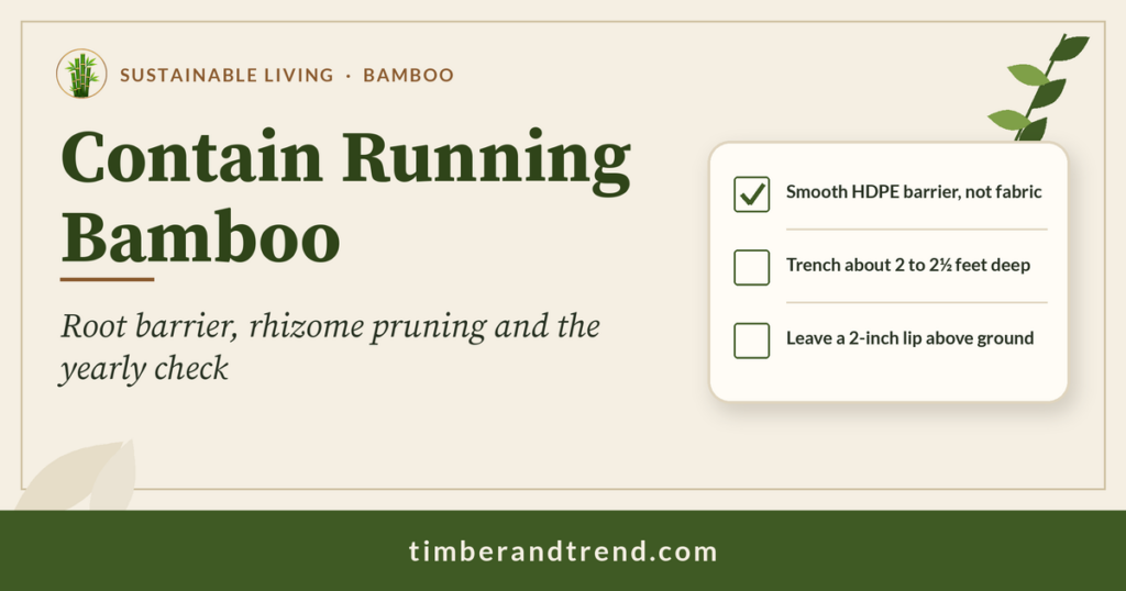 Contain Running Bamboo: Timber & Trend header with a three-item bamboo checklist