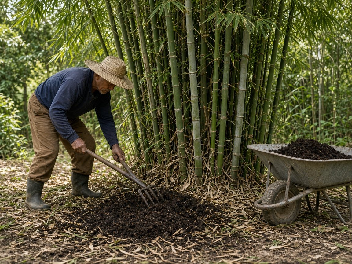 Gardener spreading compost with a fork at the base of a bamboo grove, wheelbarrow nearby