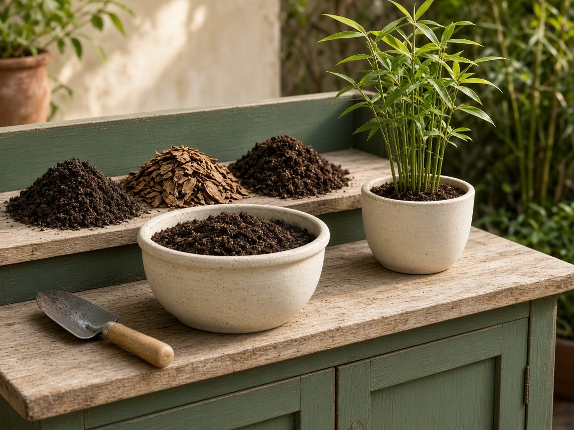 Potting bench with piles of potting soil, bark and compost beside a potted bamboo