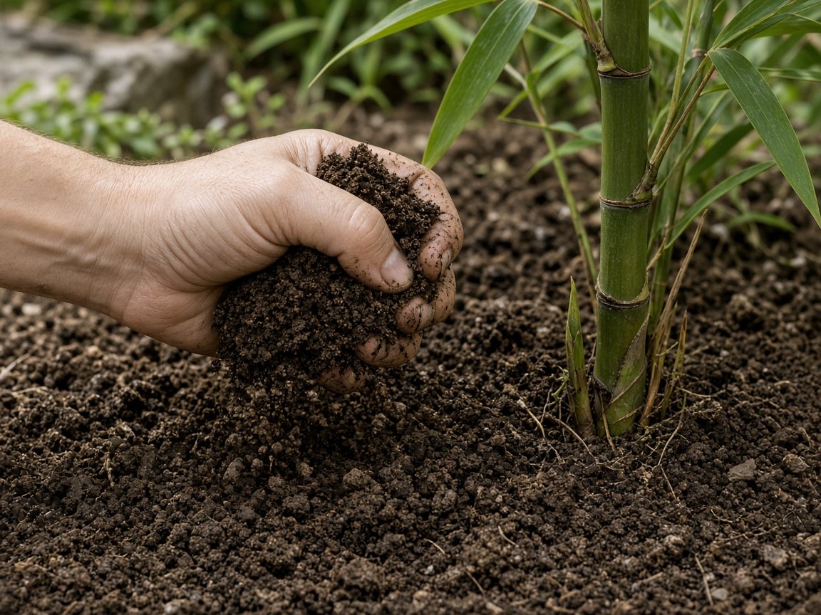 Hand squeezing crumbly loamy soil next to a young bamboo cane