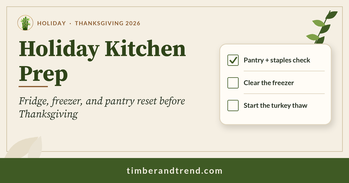 Holiday Kitchen Prep: Fridge, Freezer, and Pantry Reset Before Thanksgiving: Timber & Trend header with checklist illustration
