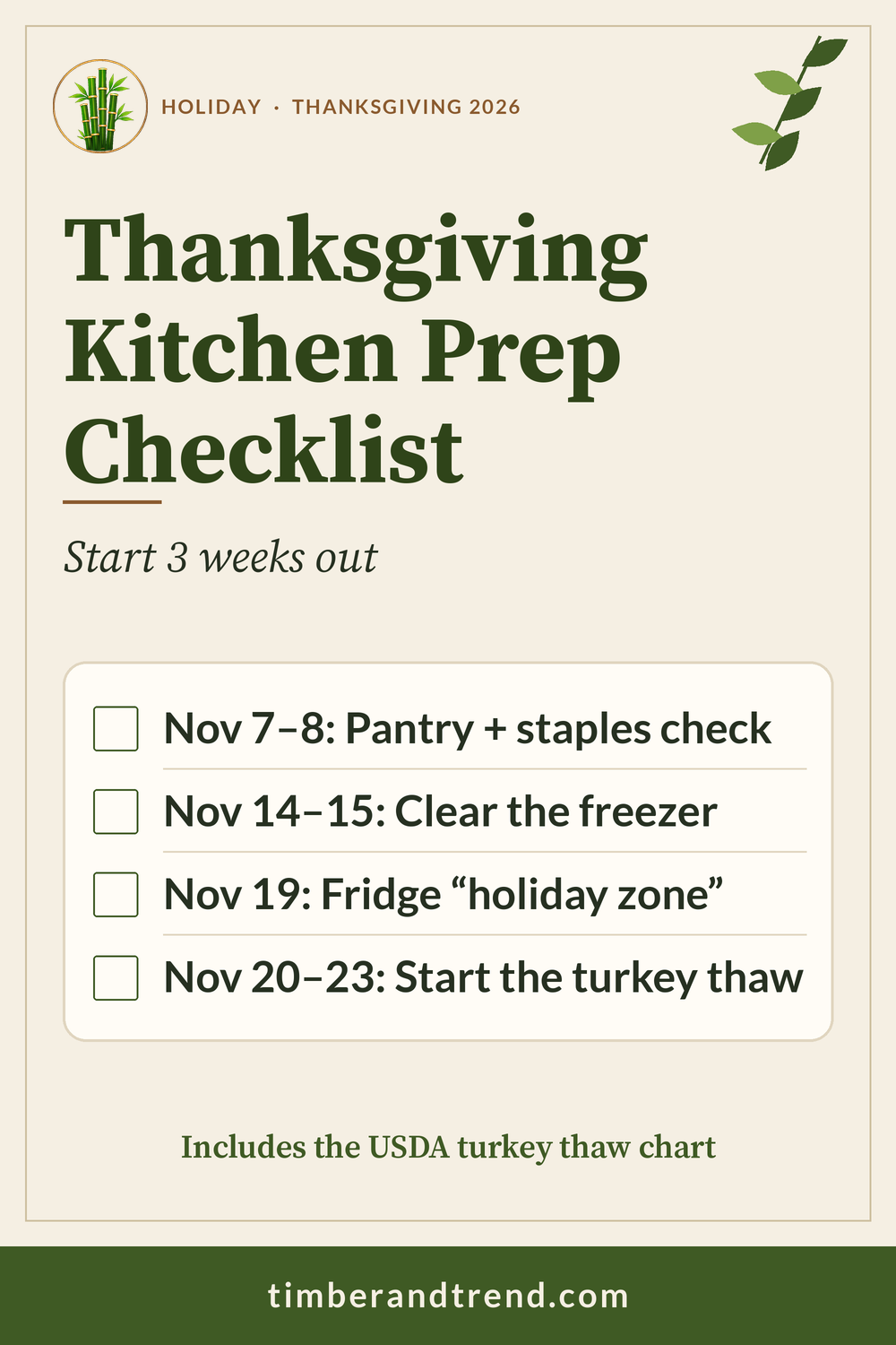 Pinterest pin: Holiday Kitchen Prep. Fridge, freezer, and pantry reset before Thanksgiving. Checklist: Pantry + staples check; Clear the freezer; Start the turkey thaw.