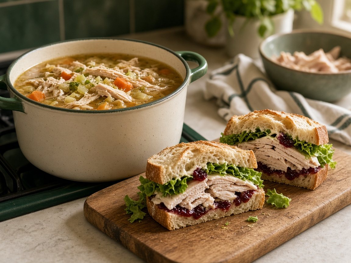 Turkey soup in a pot and turkey cranberry sandwiches on a cutting board