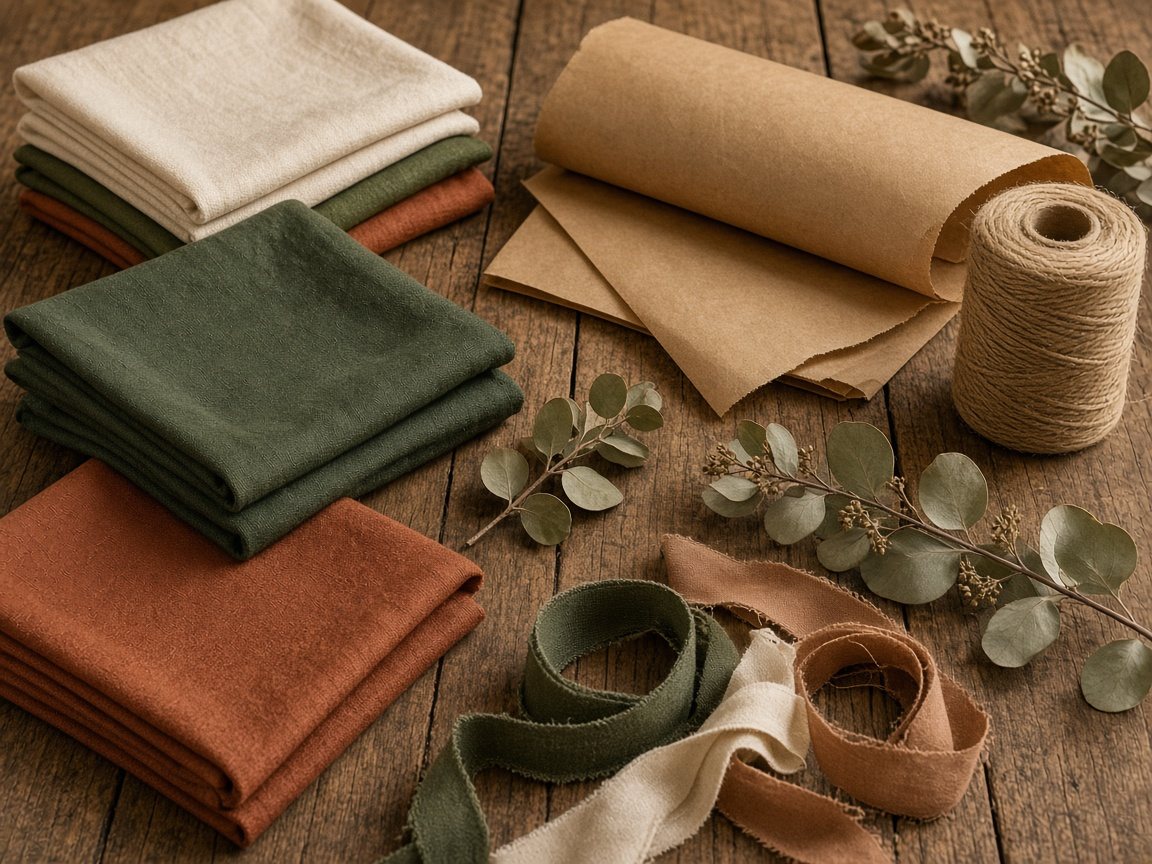 Gift wrap stash of folded fabric squares, saved kraft paper, twine, reused ribbon and eucalyptus